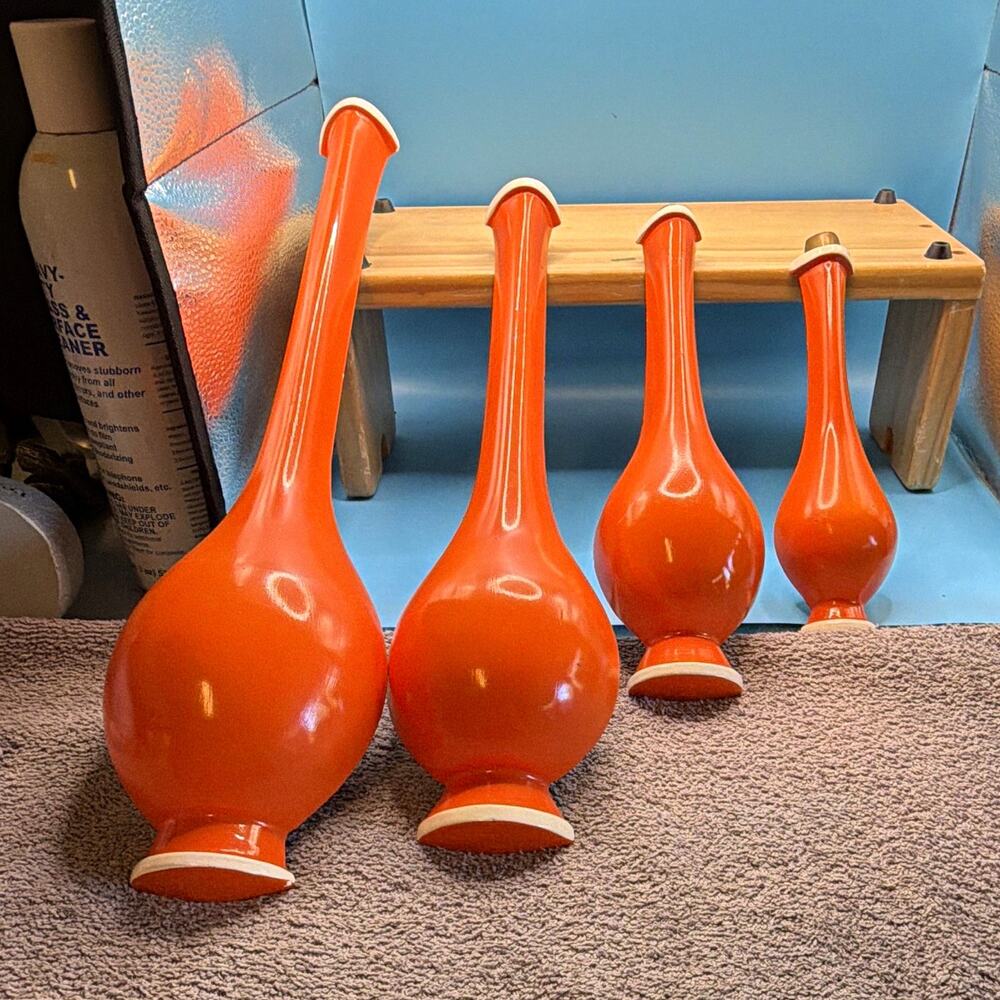 Vintage mid century 4 Orange chalkware Genie bottle orange-White Rim Gold top